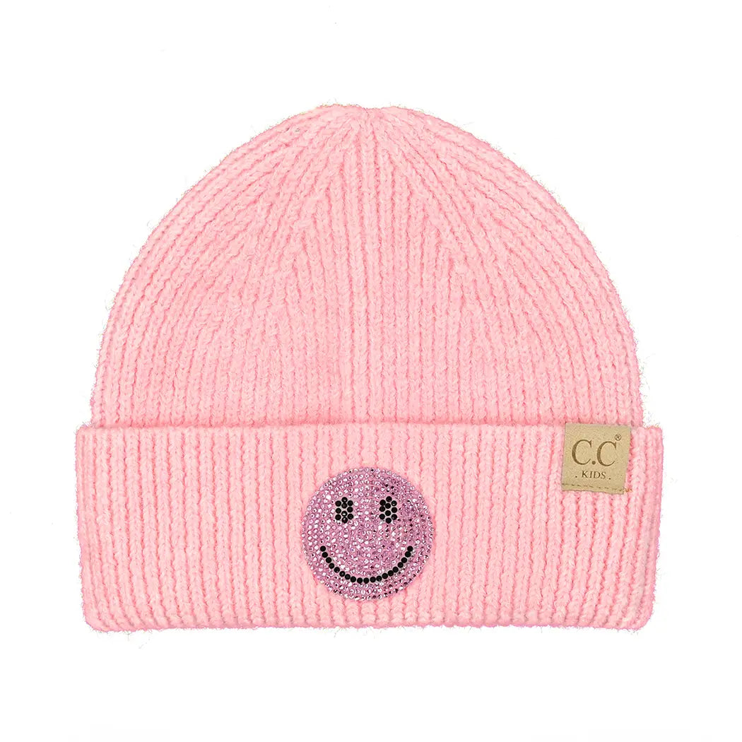 Happy Face Rhinestone Patch Cuff Beanie