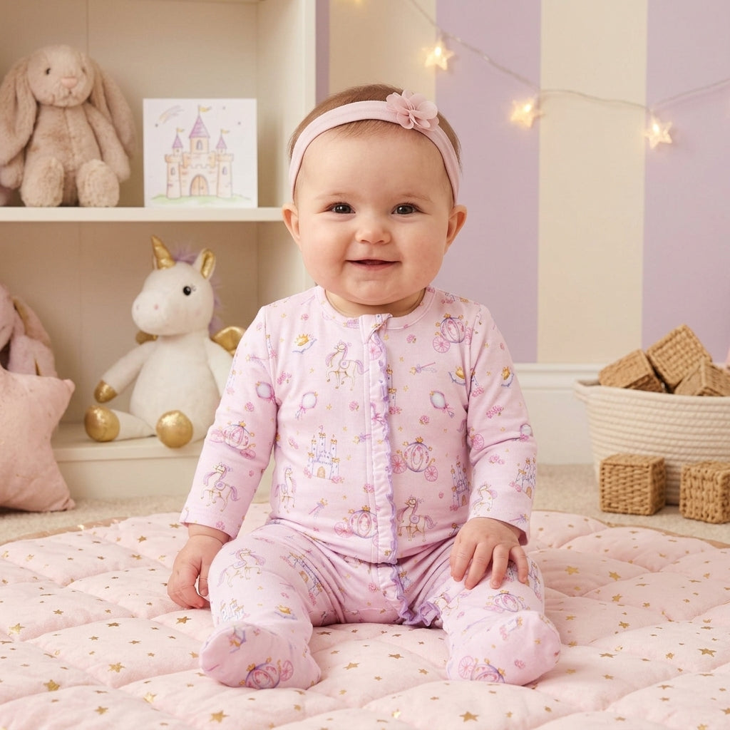 Castle Magic Printed Pima Zipped Footie With Ruffles