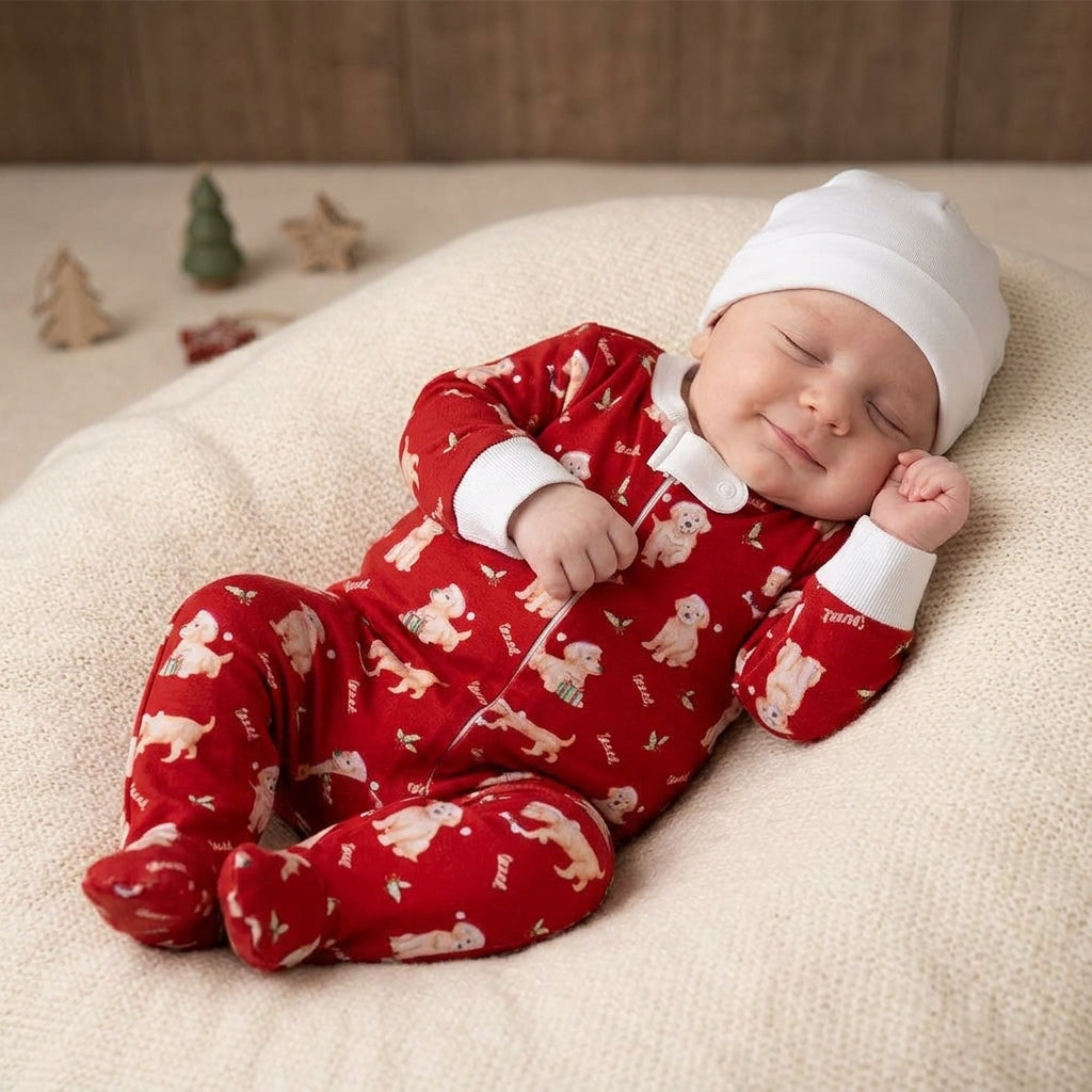 Golden Christmas Printed Pima Zipped Footie