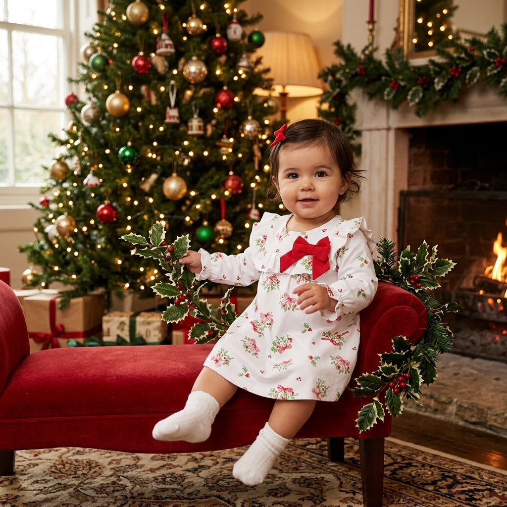 Mistletoe Kisses Printed Pima Dress With Ruffles & Bows