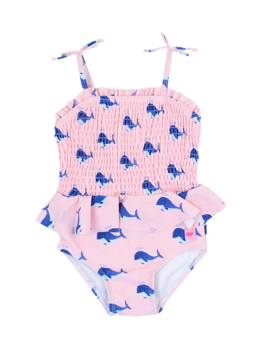 Pink Whale Friends Peplum Smocked Bodice One Piece Swimsuit