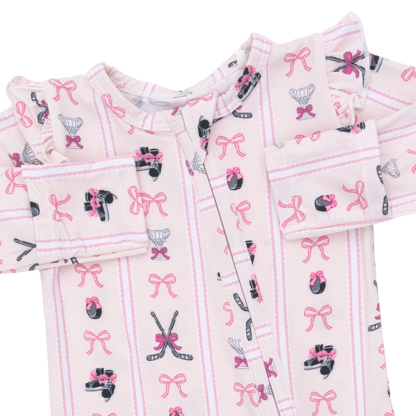 Megan’s Bowtiful Hockey Stripe 2 Way Ruffle Sleeve Zipper Footie