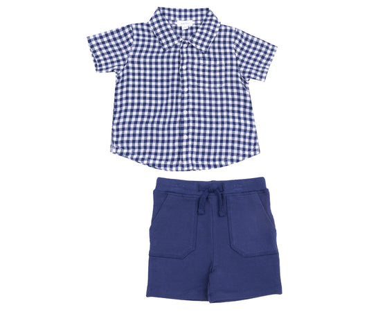 Navy Gingham Button Down Polo Muslin With Polo Short French Terry
