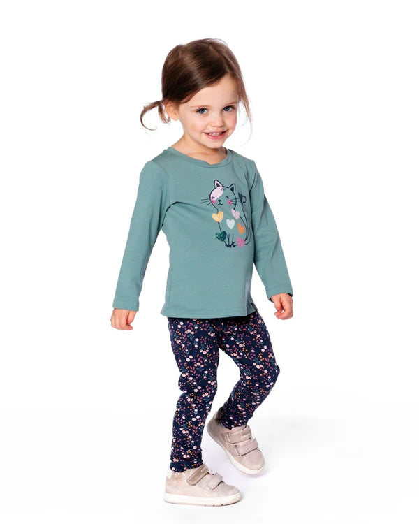 Organic Cotton T-Shirt Sage With Cat & Jersey Leggings Navy Floral