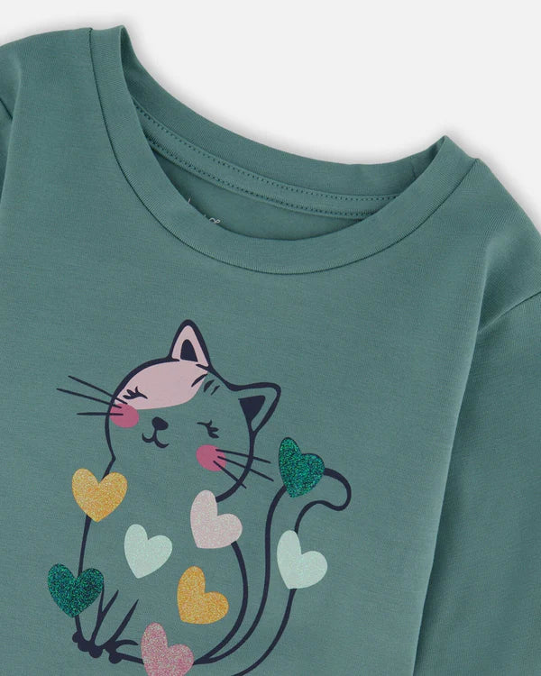 Organic Cotton T-Shirt Sage With Cat & Jersey Leggings Navy Floral