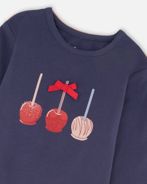 Organic Cotton T-Shirt Navy Blue With Apple Treats & Organic Cotton Leggings Blue Apple Print Set