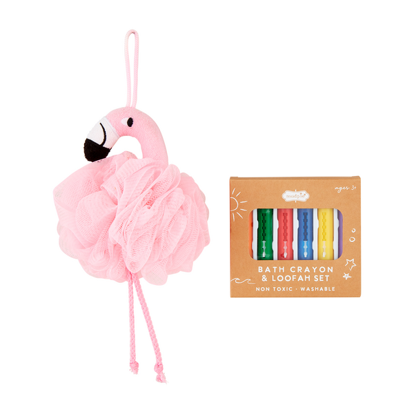 Flamingo Loofah With Bath Crayons Set