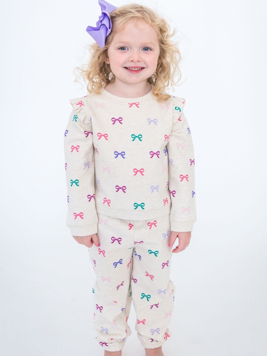 Heather Oatmeal Ribbons Flutter Sweatshirt Jogger Set