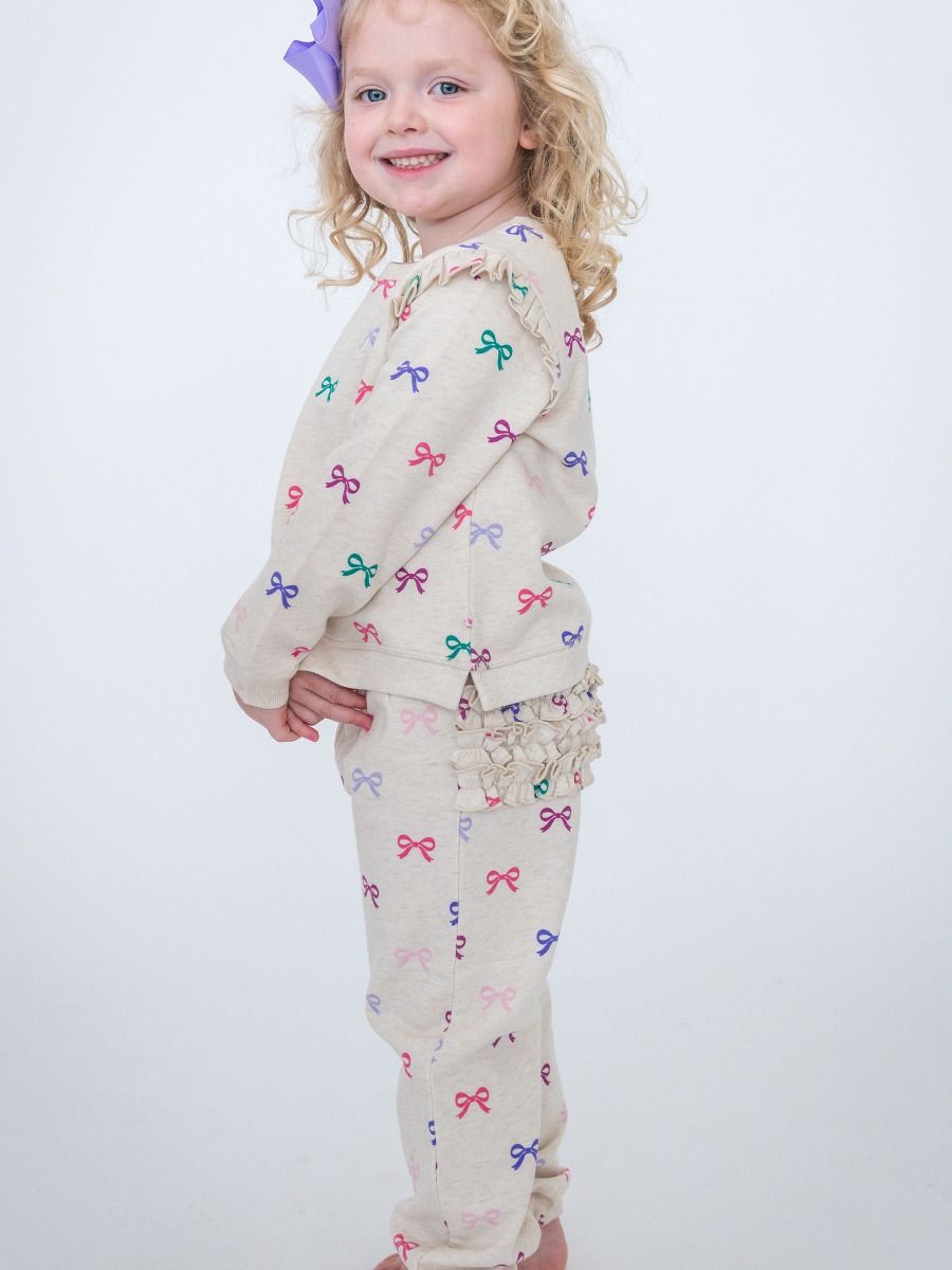 Heather Oatmeal Ribbons Flutter Sweatshirt Jogger Set
