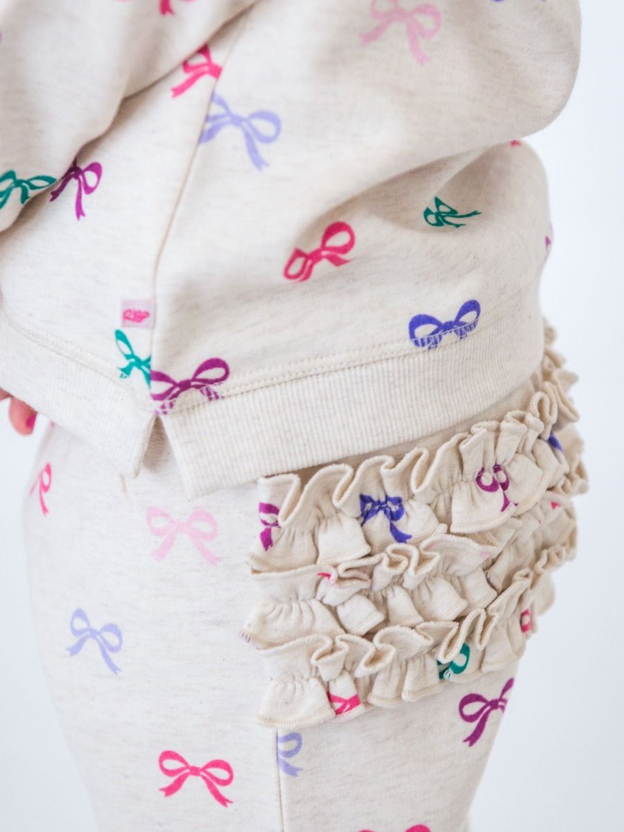 Heather Oatmeal Ribbons Flutter Sweatshirt Jogger Set