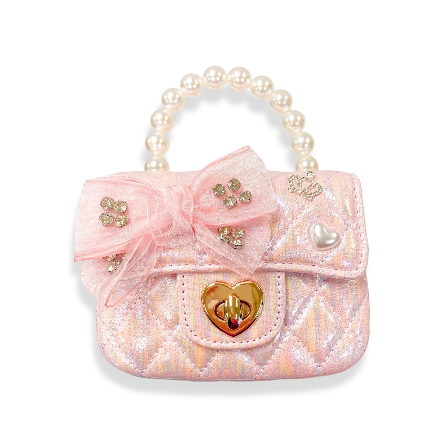 Embellished Bow Shiny Quilted Purse Pink
