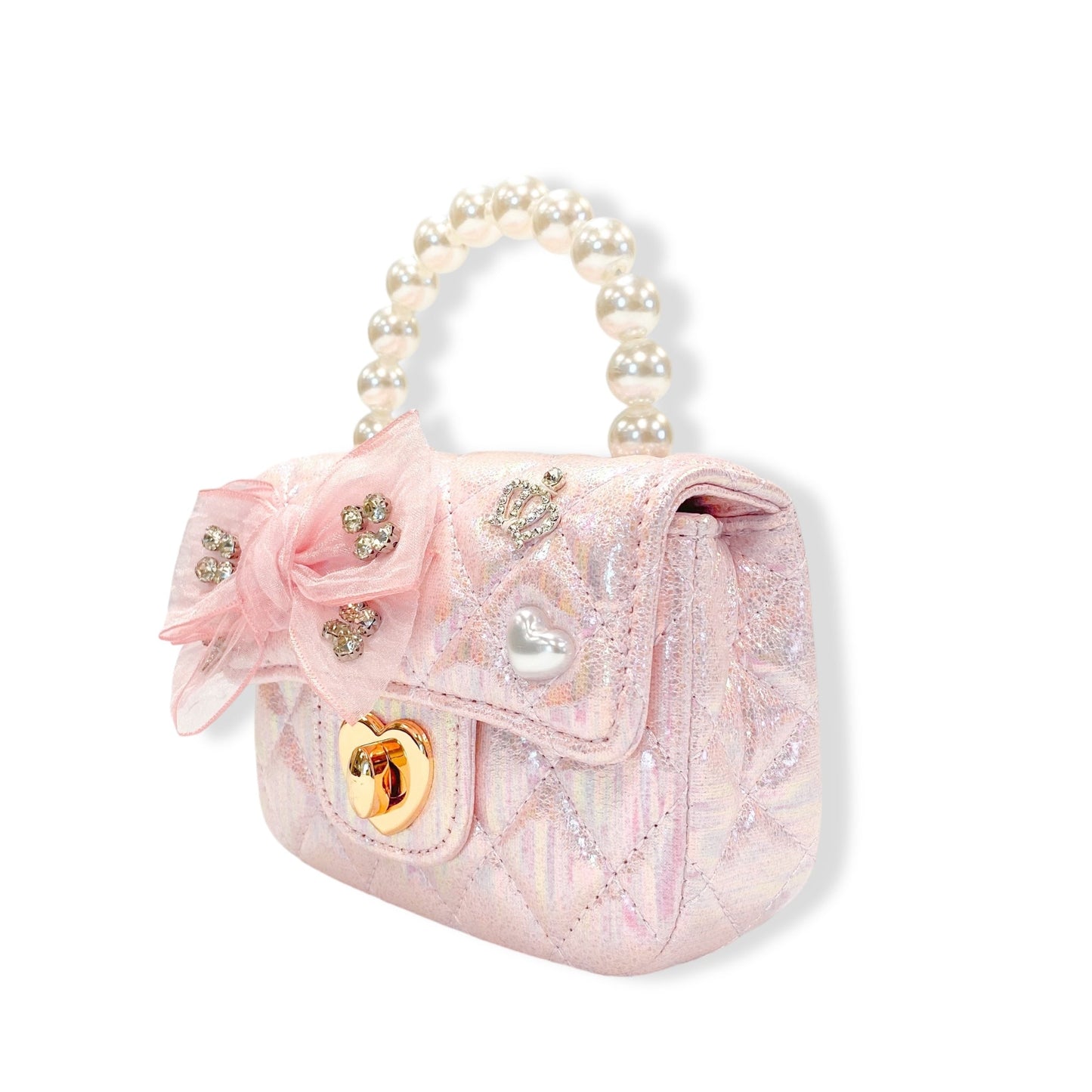 Embellished Bow Shiny Quilted Purse Pink