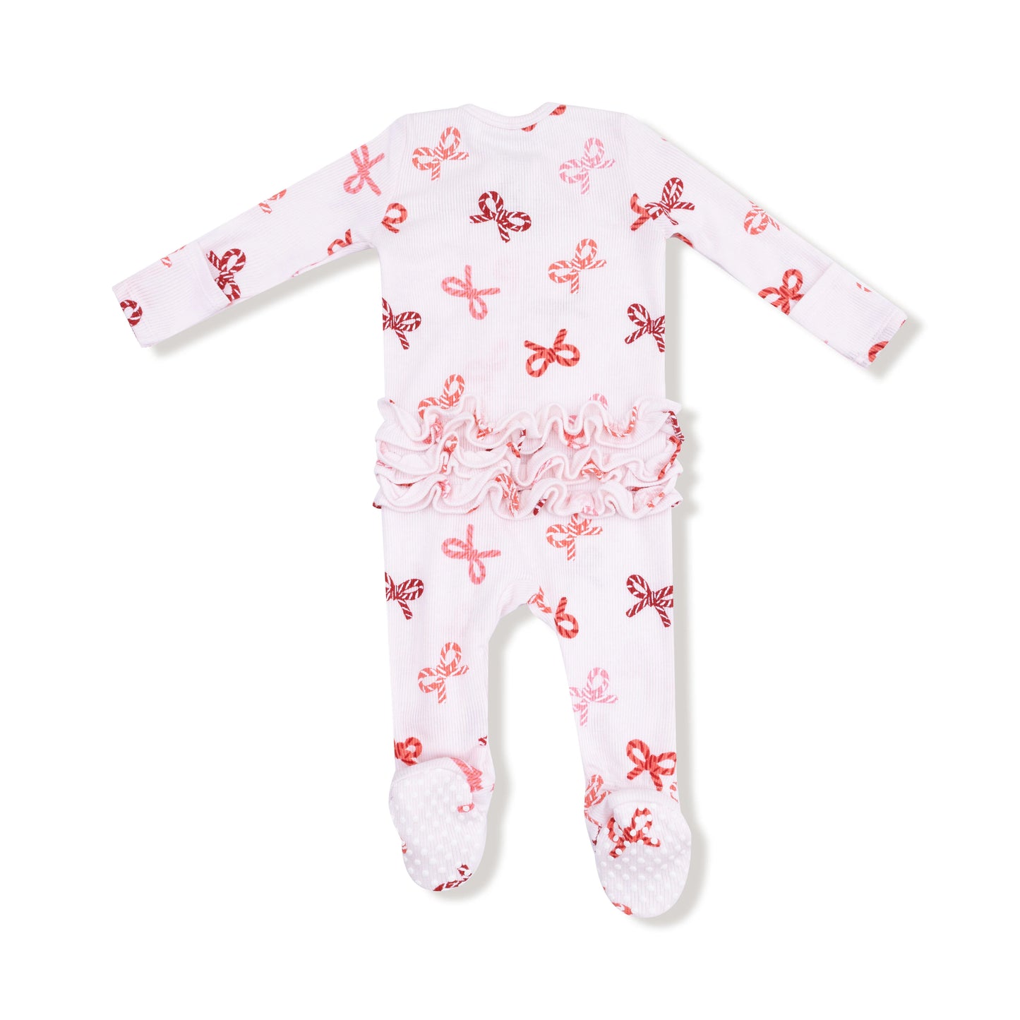 Candy Cane Bows 2 Way Zipper Ruffle Back Footie