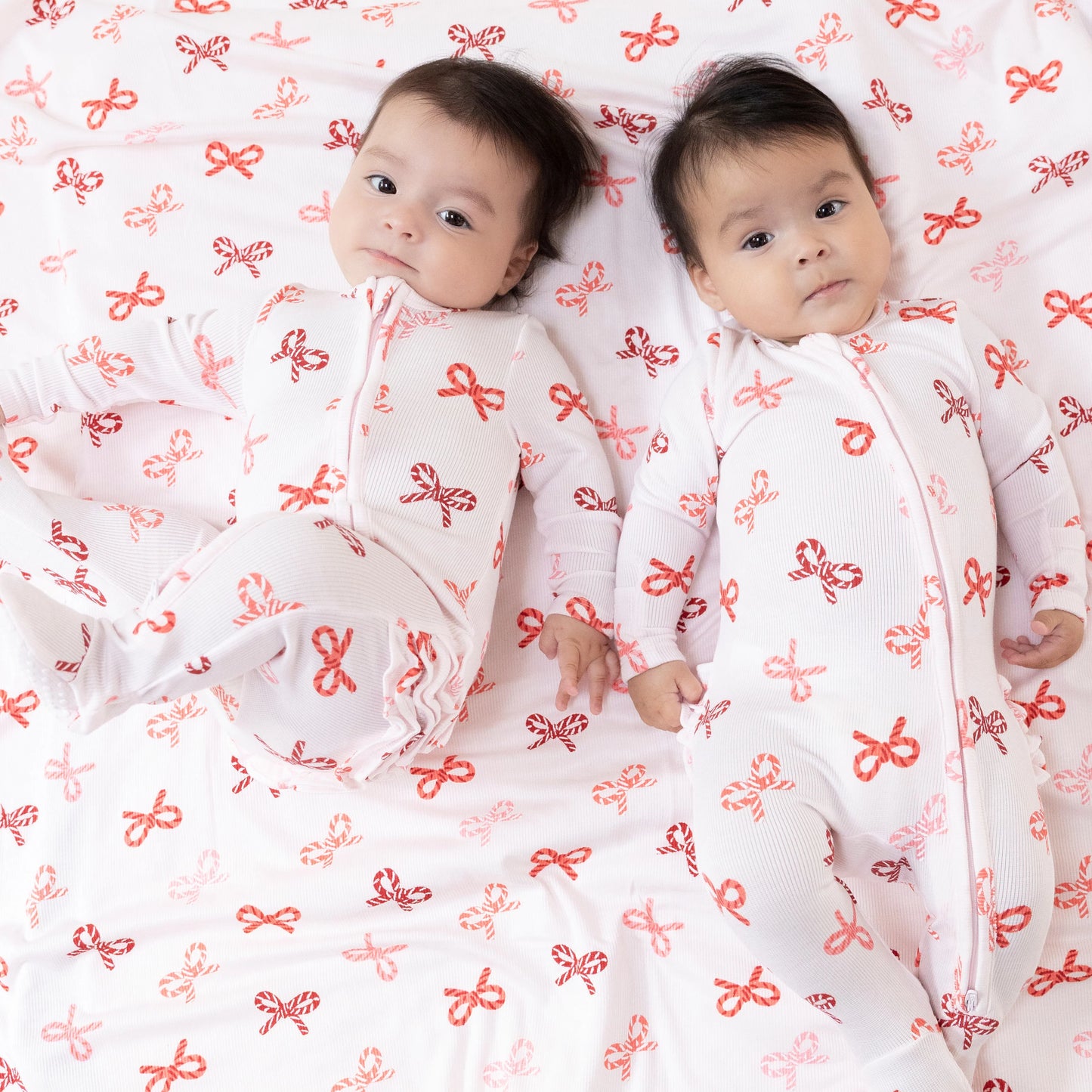 Candy Cane Bows 2 Way Zipper Ruffle Back Footie
