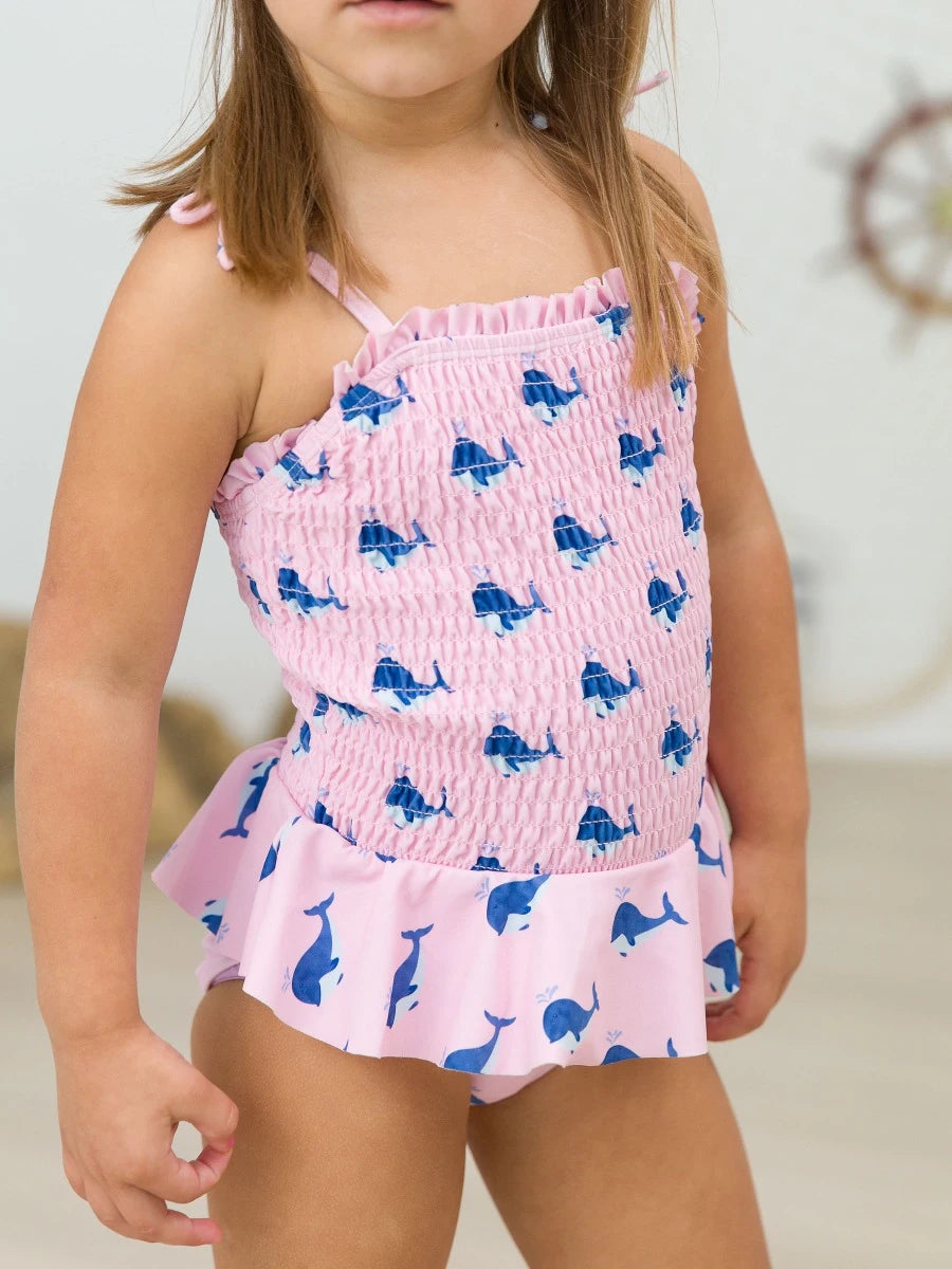 Pink Whale Friends Peplum Smocked Bodice One Piece Swimsuit