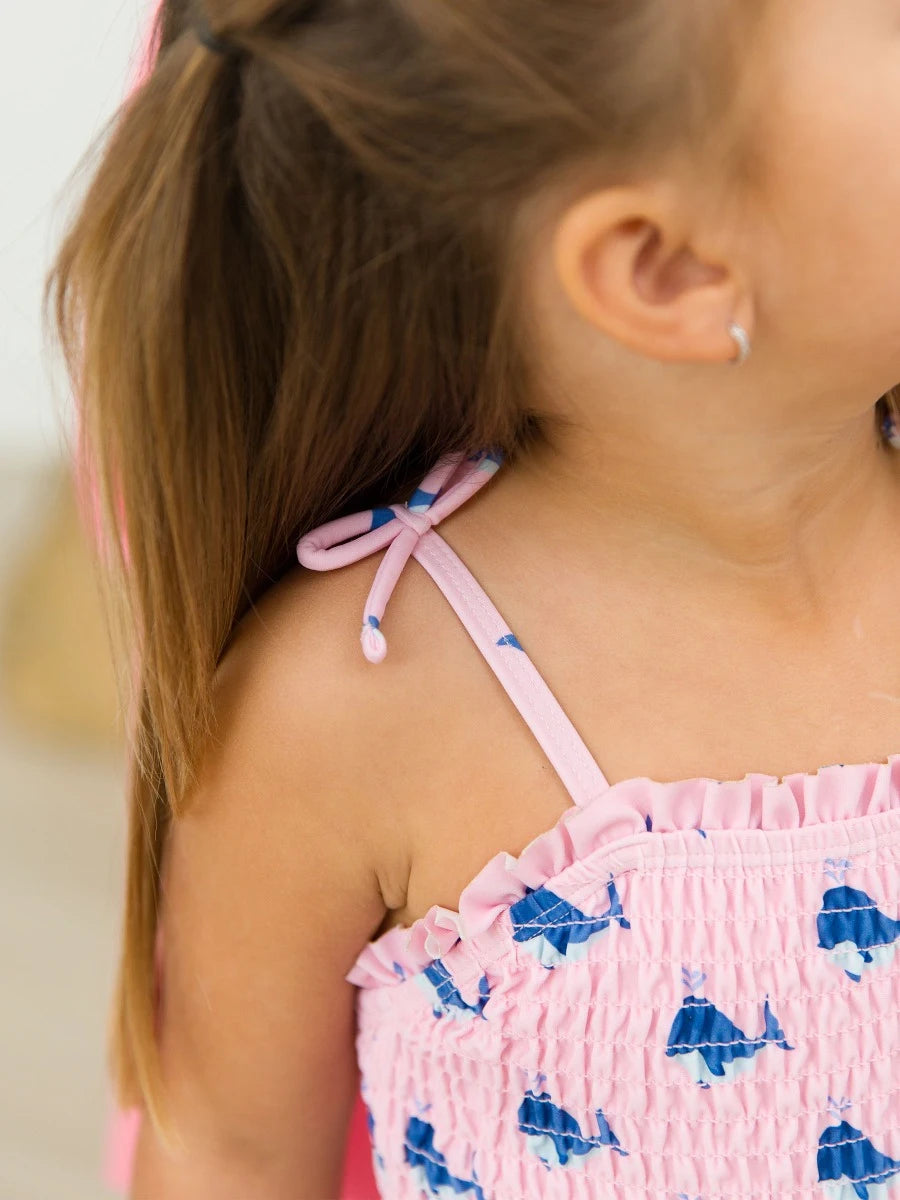 Pink Whale Friends Peplum Smocked Bodice One Piece Swimsuit