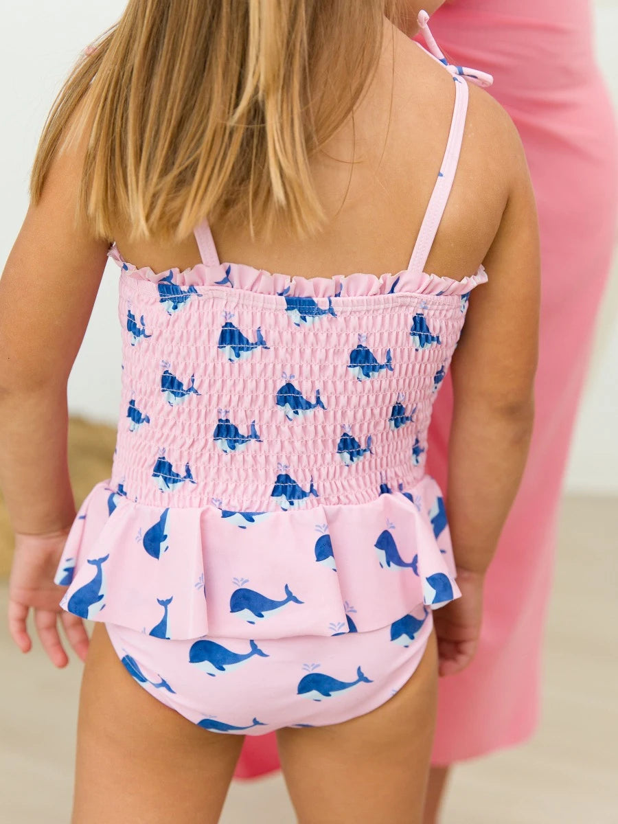 Pink Whale Friends Peplum Smocked Bodice One Piece Swimsuit