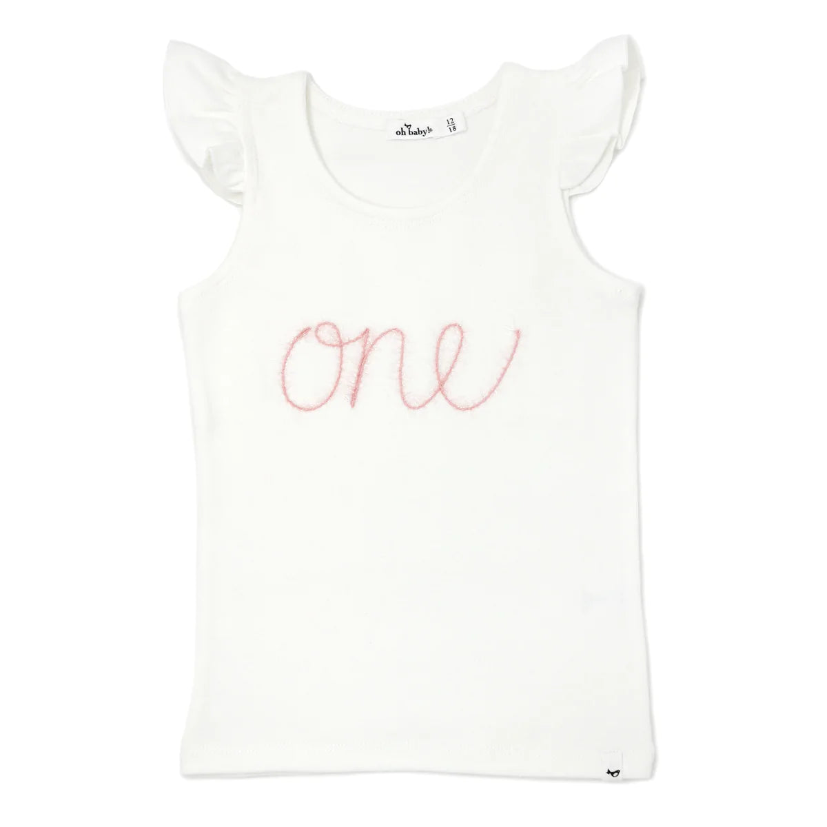 oh baby! Cotton Baby Rib Flutter Sleeve Tank - Birthday "One" Pink Embroidered - Cream 12/18M