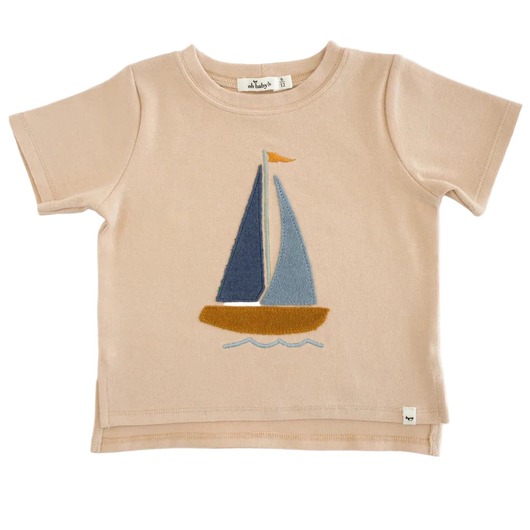 Denim Sailboat Terry Applique Raw Edge Tee