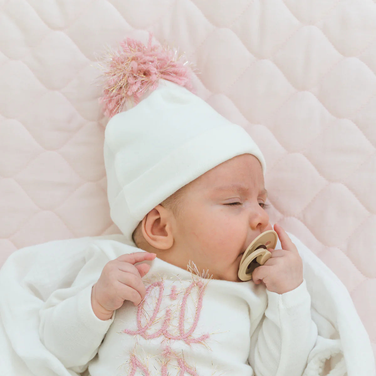 Pom Blush Pink/Gold - Cream Hat 0/6M