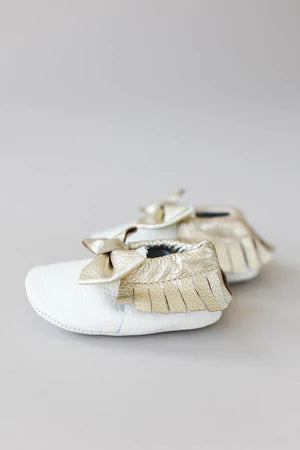 White and Gold Bow Leather Baby Moccasins