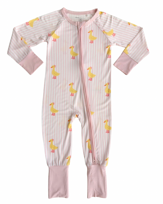 Pink Stripe Ducks Zipper Romper