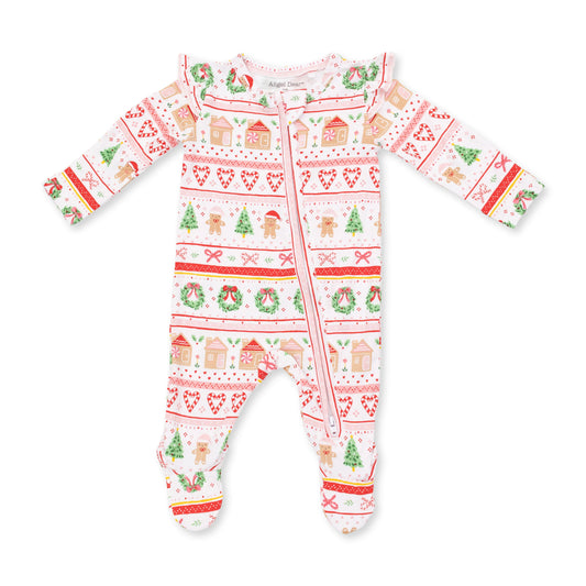 Gingerbread Fair Isle Pink 2 Way Ruffle Sleeve Zipper Footie