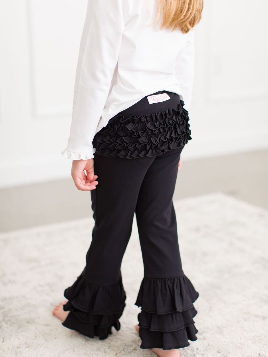 Black Flare Leggings With Rear Ruffles