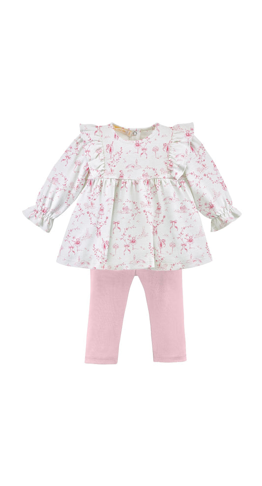 Grace In Toile Printed Pima Ruffled Blouse & Leggings Set