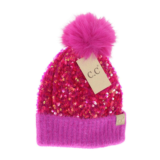 Toddler & Kids Cluster Sequin Fuzzy Lined Faux Fur Pom Beanie