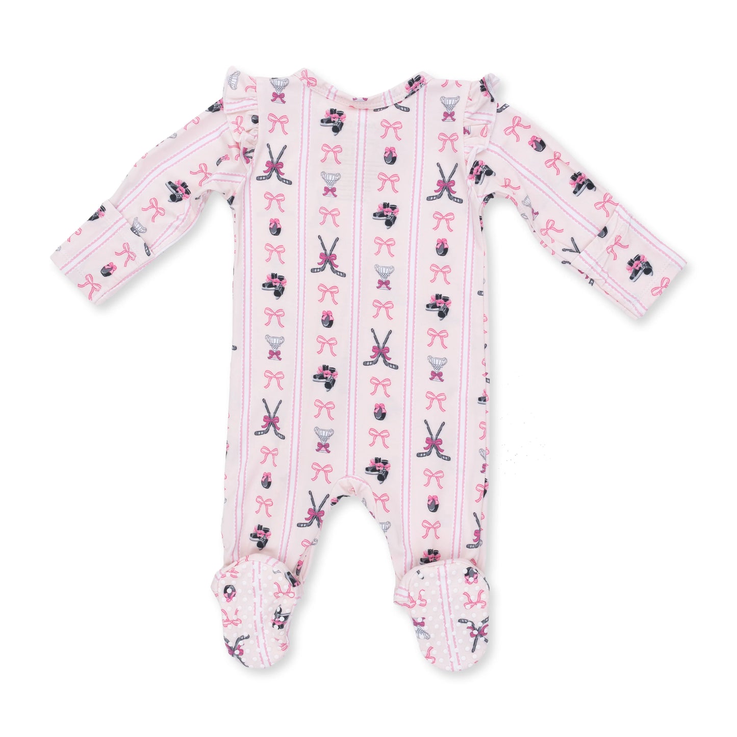 Megan’s Bowtiful Hockey Stripe 2 Way Ruffle Sleeve Zipper Footie