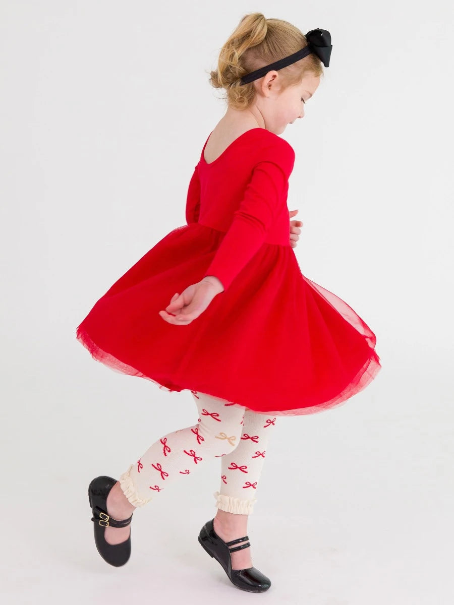 Red Sparkle Bow Patterned Footless Ruffle Tights