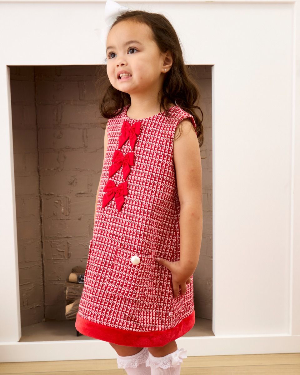 Red Shimmer Tweed Sleeveless Pocket Bow Fur Trim Dress