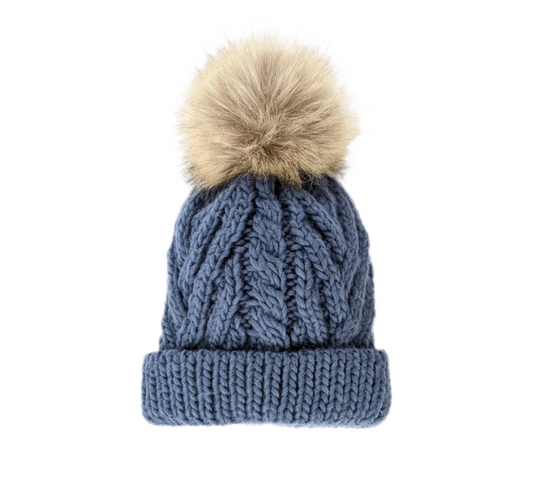 Pom Pom Beanie Hat-Slate Blue