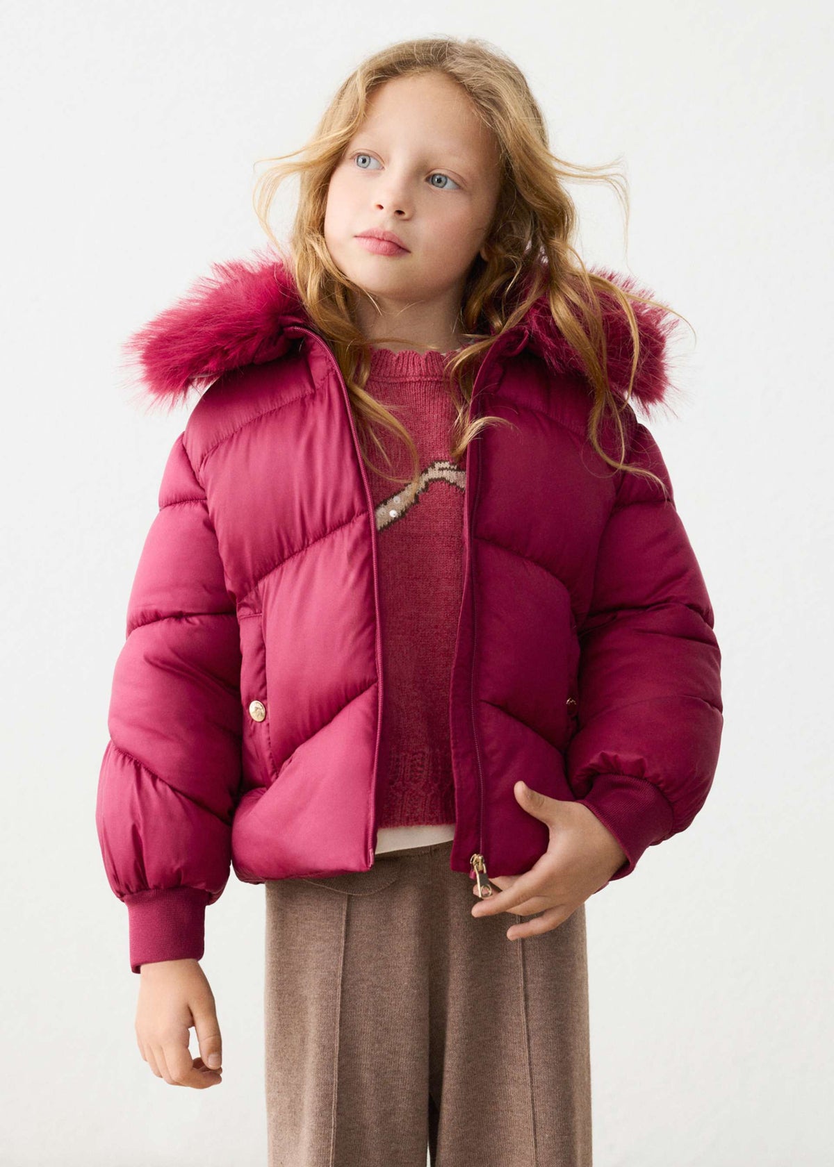 Raspberry Jacket With Fur Neck