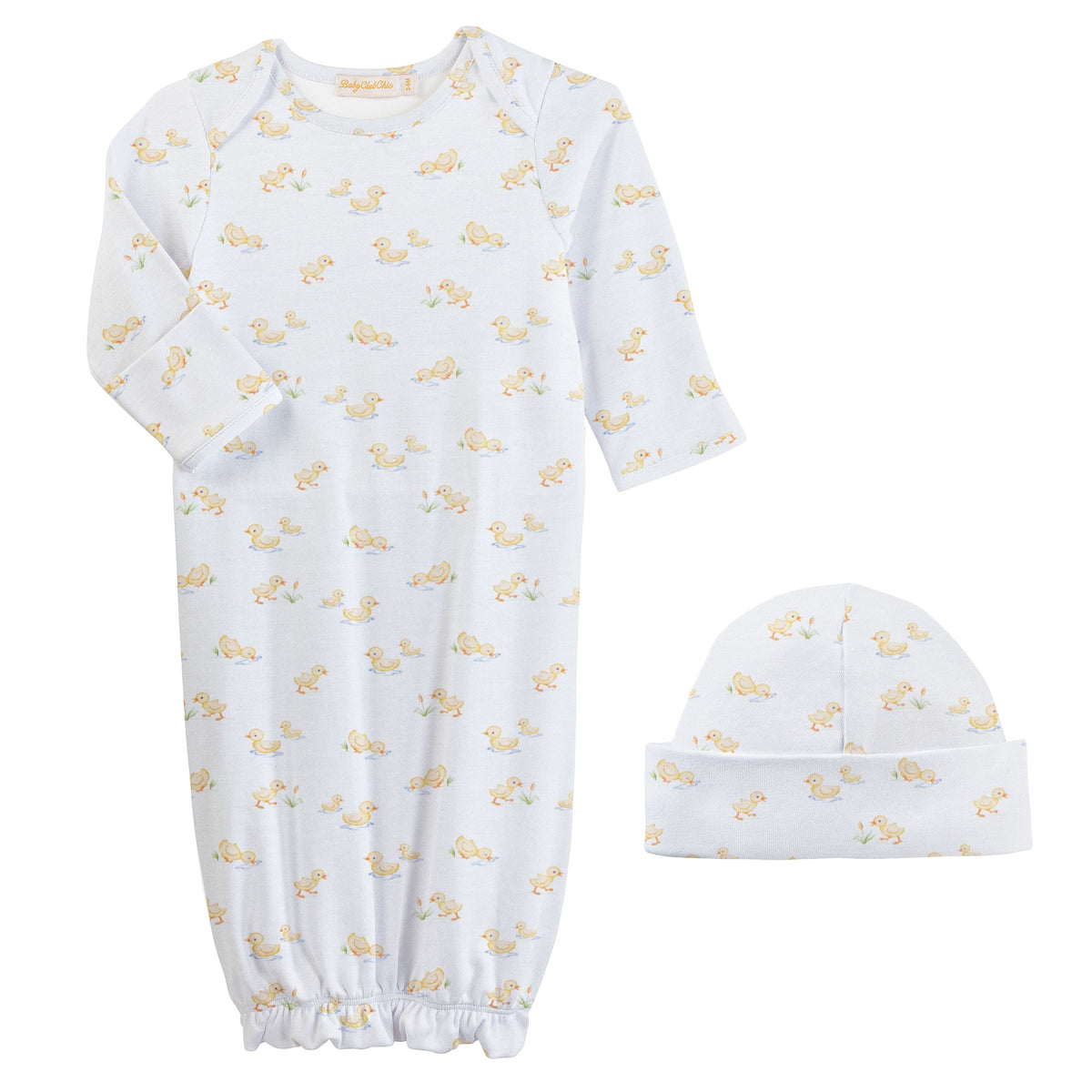Tiny Baby Duckies Printed Pima Gown and Hat Set
