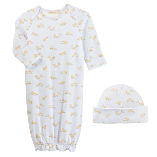 Tiny Baby Duckies Printed Pima Gown and Hat Set