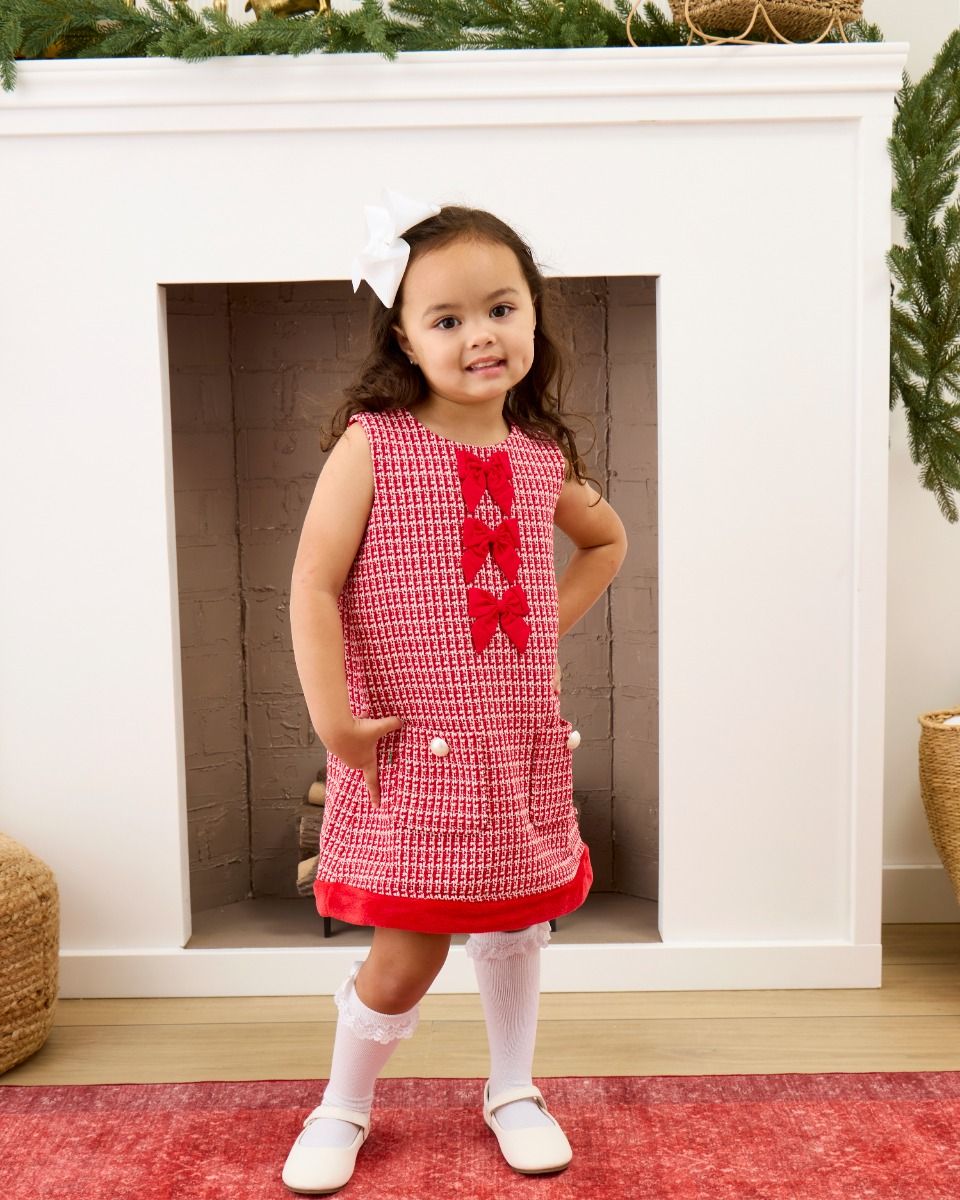Red Shimmer Tweed Sleeveless Pocket Bow Fur Trim Dress