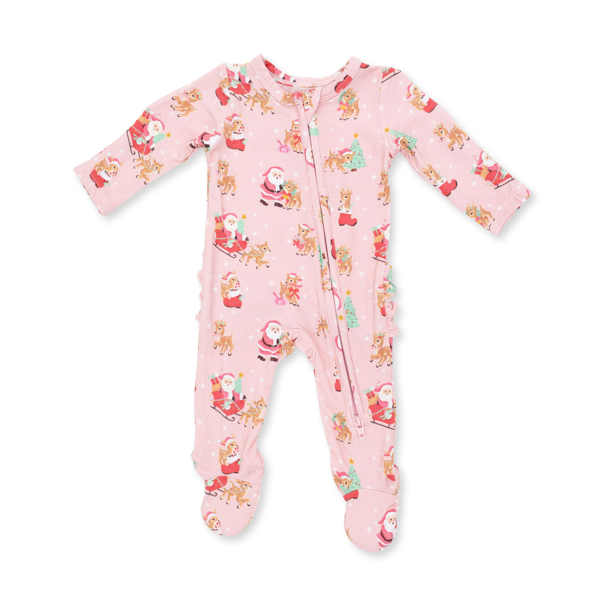 Vintage Reindeer & Santa Pink 2 Way Ruffle Back Zipper Footie