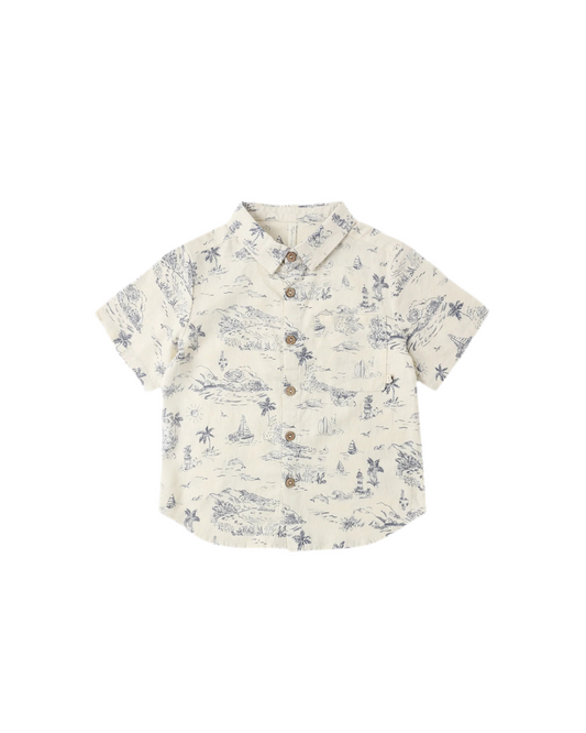 Collared Short Sleeve Shirt || Ocean Toile