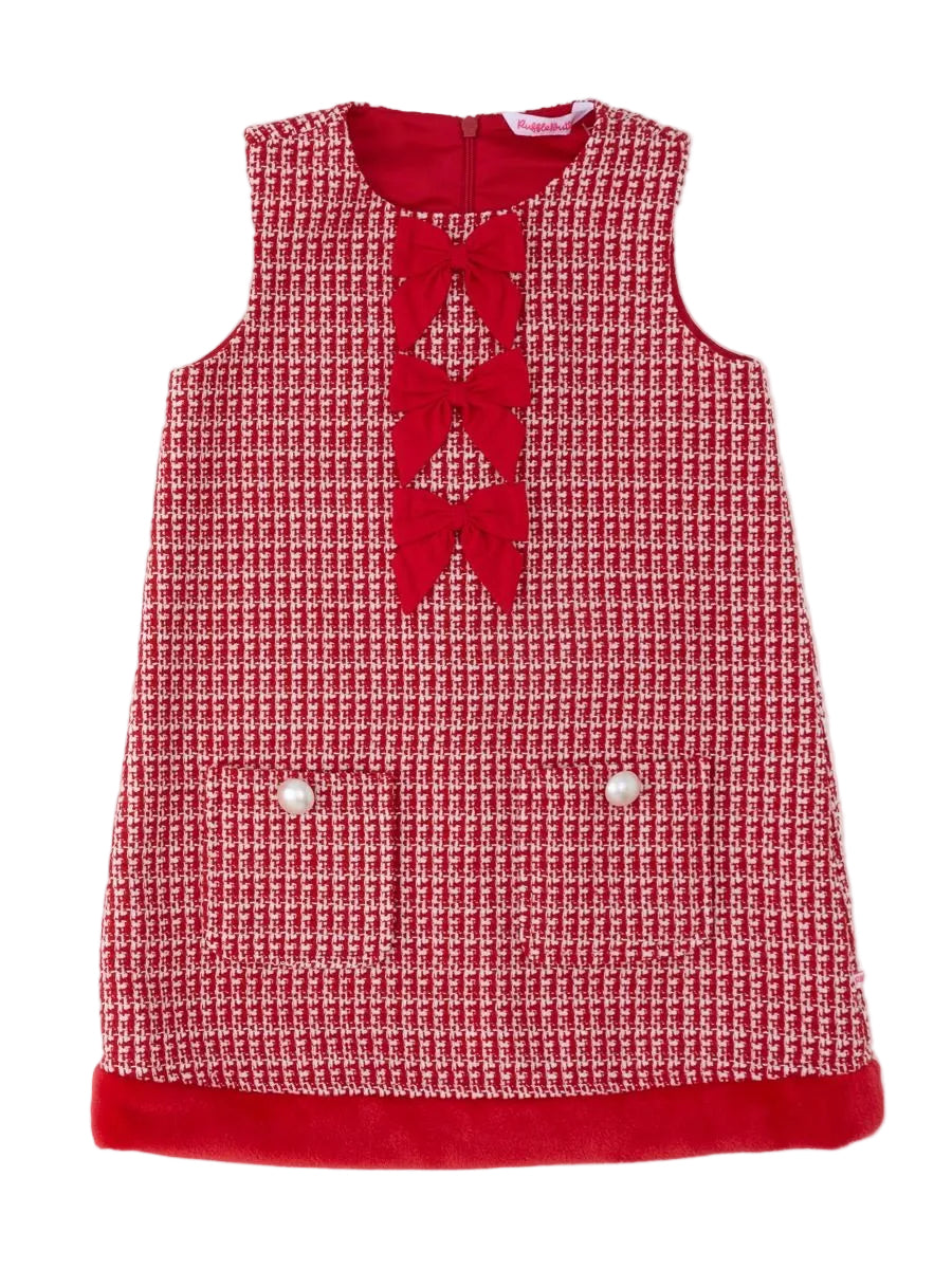 Red Shimmer Tweed Sleeveless Pocket Bow Fur Trim Dress