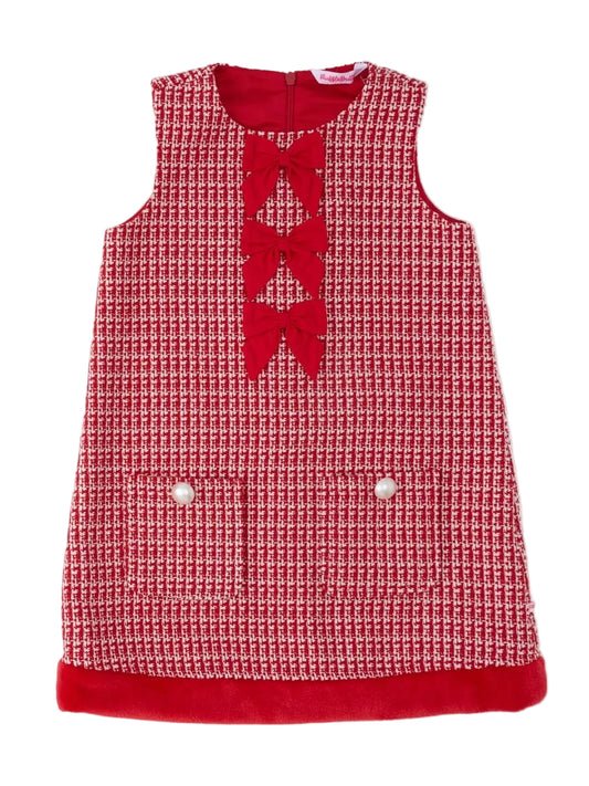 Red Shimmer Tweed Sleeveless Pocket Bow Fur Trim Dress