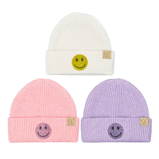 Happy Face Rhinestone Patch Cuff Beanie