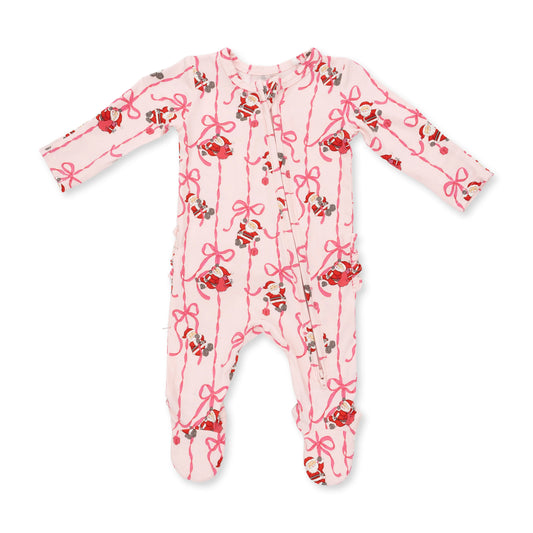 Bows & Santa 2 Way Ruffle Back Zipper Footie