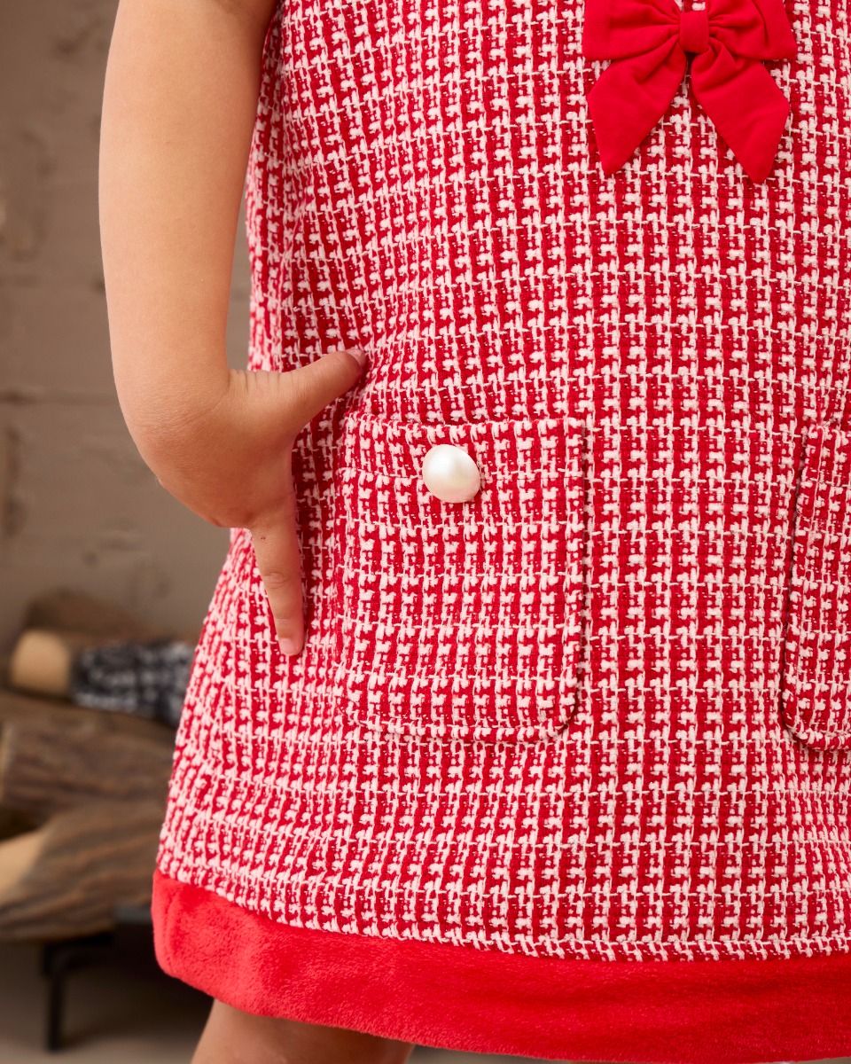 Red Shimmer Tweed Sleeveless Pocket Bow Fur Trim Dress