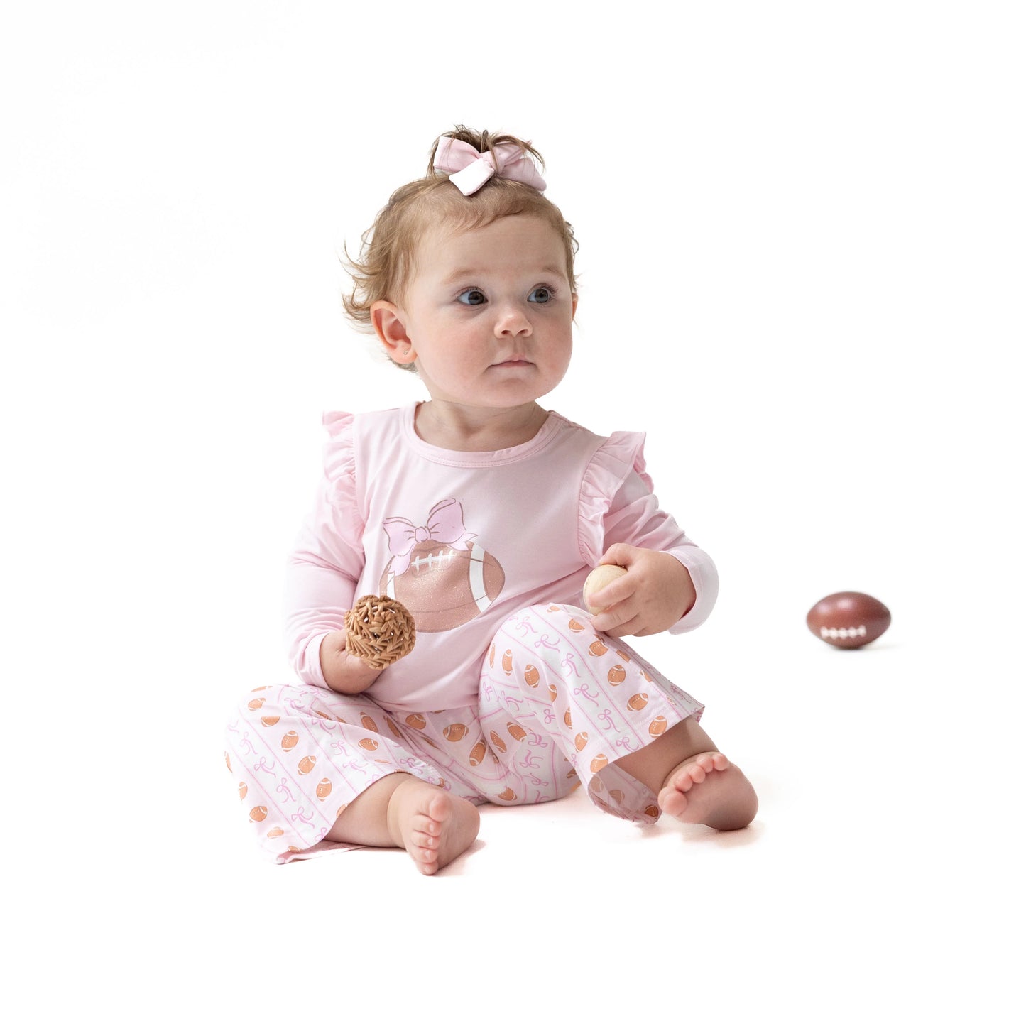 Football Bow Stripe Long Sleeve Ruffle Tee and Baby Bells