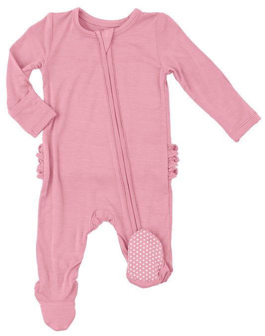 Bamboo 2-Way Ruffle Zipper Footie-Peony Solid