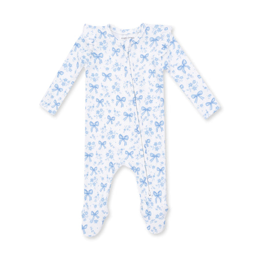 Blue Bows and Flowers 2 Way Ruffle Sleeve Zipper Footie