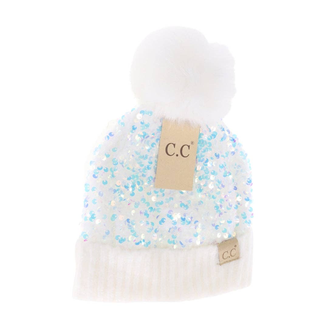 Toddler & Kids Cluster Sequin Fuzzy Lined Faux Fur Pom Beanie