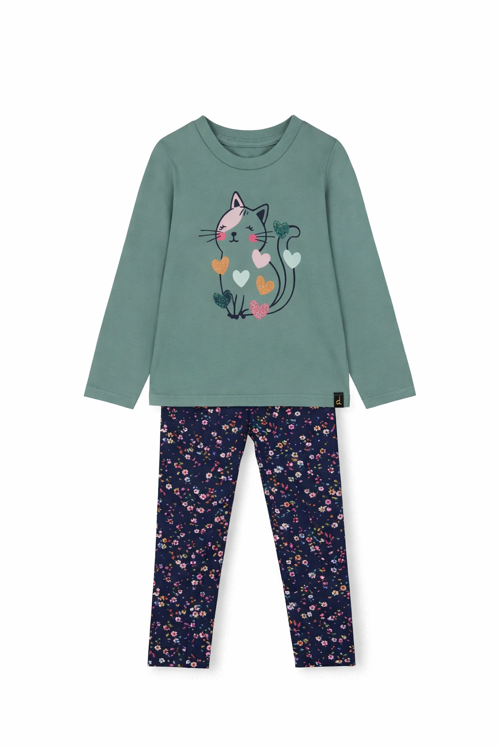 Organic Cotton T-Shirt Sage With Cat & Jersey Leggings Navy Floral